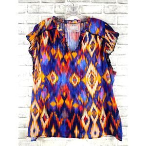 CUPIO Blush Blouse 1X Plus Cotton Metallic Ikat Aztec Pom Trim Split V Neck